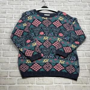 Climax Vintage Knit Sweater Ramie/Cotton Geometric‎ Floral Women's S 80's 90's